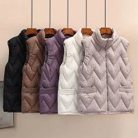 Plus Size 3XL-6XL Womens Solid Color Patchwork Autumn Winter Vests Sleeveless Fashion Stand Up Collar Female Outerwear with Pockets