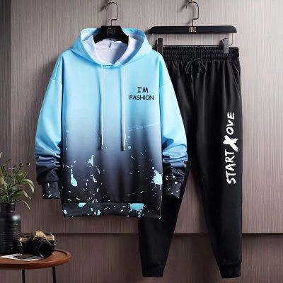 CODTheresa Finger 2021 gradient Hoodie mens suit casual large Korean sportswear spring and autumn trend handsome and2021渐变连帽卫衣男士套装休闲大码韩版运动服春秋潮流帅气百搭