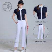 DK Summer Women Elastic Dry Fit Polo Tops Short-sleeve Golf T-shirt Ladies Split Flared Pants Breathable Slim Trousers Sets