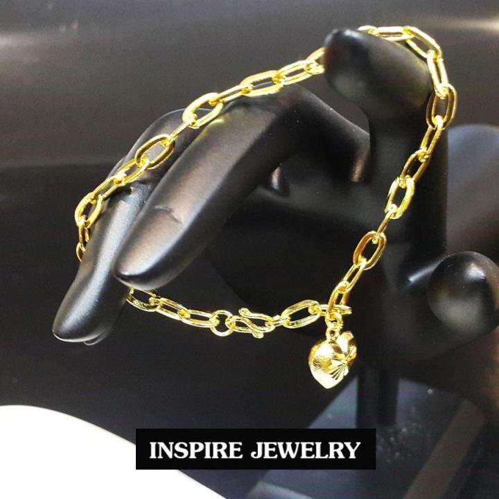 inspire-jewelry-สร้อยคอลายโซ่ห้อยหัวใจตอกลาย-มาพร้อมสร้อยข้อมือลายโซ่ห้อยหัวใจทองตอกลาย-ตามแบบร้านทอง