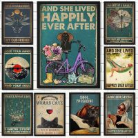 2023❧ And She Lived Happily Ever After Inspirational Quote Poster Girl Black Cat Painting Wall Art Home Kawaii Room Decor Bar Canvas