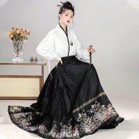 Hanfu ชุดแขนยาวกระโปรงลายม้าคอวี2ชิ้นชุดกระโปรงหน้าม้าชุดจีนทันสมัย