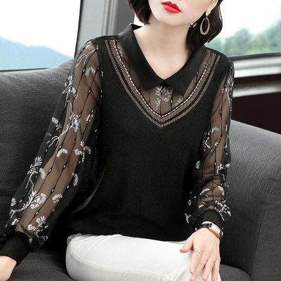 Women Spring Autumn Style Mesh Lace Blouses Shirts Lady Casual Long Sleeve er Pan Collar Patchwork Blusas Tops ZZ0656