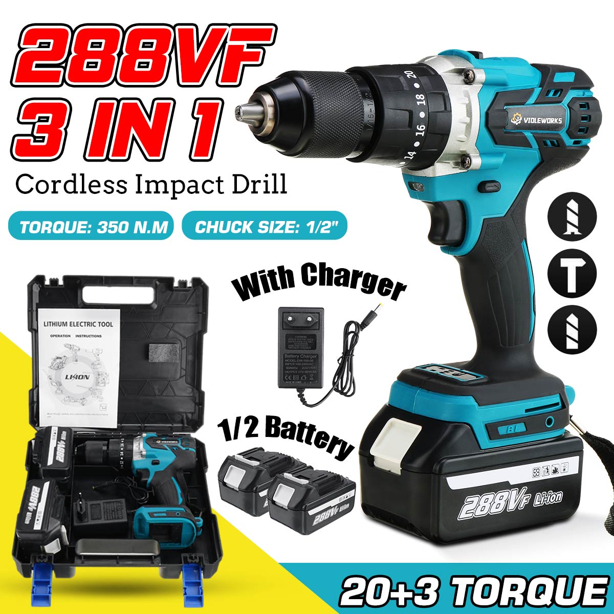 COMBI HAMMER IMPACT DRILL DRIVER CORDLESS ELECTRIC SCREWDRIVER w/ 2 BATTERIES 