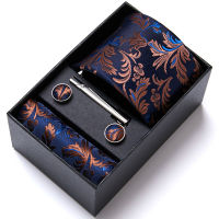 Gift box Plain Floral Tie Mens 7.5cm Silk Necktie Set Blue Green Purple Gold Wedding Solid Tie Hanky Cufflinks&amp;Clip Set