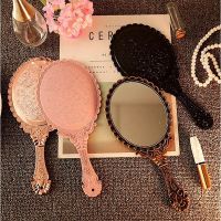 【BEIBEI】 Vintage Handhold Makeup Mirror Pink Repousse Floral Oval Round Cosmetic Hand Held Mirror With Handle