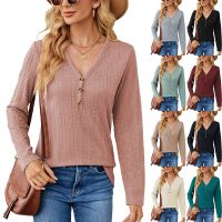 Women Long Sleeve Loose T-shirt Tops for Spring, Autumn V Neck Buttons