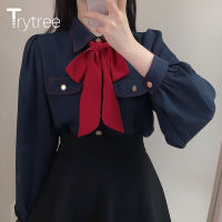 Trytree 2020 Spring Autumn Blouse Women Casual Bow Tie Turn-down Collar Pockets Single Breasted Office Lady Solid Shirts Tops