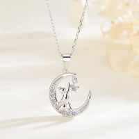 ♚✶ Han edition S925 pure silver contracted temperament moon cat zircon pendant jewelry chocker necklaces ins silver female