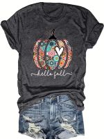 xixibeauty Halloween Floral Pumpkin Print T-Shirt, Casual Short Sleeve Top For Spring &amp; Summer, Womens Clothing