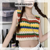 HUAYANG01 [2023 new HOT FASHION] lazlook เสื้อชั้นในสตรีถักลายทางแขนกุดสีลายทางวินเทจปักลายฤดูร้อน