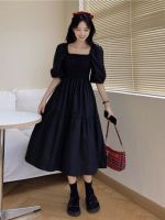 【CC】HOUZHOU Elegant Vintage Dress Women Black Casual Short Sleeve Dresses Mid-Calf Square Collar Puff Sleeve Korean Fashion Sundress