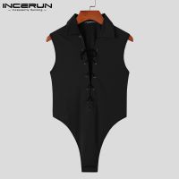 INCERUN Men Leisure Sleeveless Lace Up Turn-down Collar Short Jumpsuits