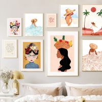 Tropical Ocean Beach ดอกไม้สาวผลไม้ Wall Art ภาพวาดผ้าใบบทคัดย่อ Nordic โปสเตอร์สำหรับตกแต่งห้องนั่งเล่น