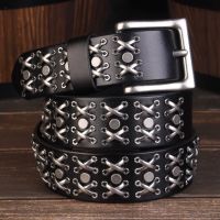 3.8CM High Quality Genuine Leather Rivet Belts For Men Brand Strap Male Pin Buckle Fancy Vintage Cowboy Jeans Belt Cool Punk