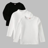 [COD] Childrens bottoming plus velvet white middle and high collar boys girls round neck long-sleeved T-shirt baby thickened warm clothes