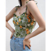 New WOMONGAGA Summer European Style Fresh Girl Style Green Printing Pattern Camisole Womens Slim Stretch Short Vest EQ1A