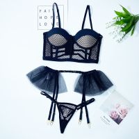 2023 Korean Luxury Sexy Lingerie 3-Piece Lace Padded Bra Underwear Ruffled Short Skin Care Kits Garters Thong Delicate Erotic Sets