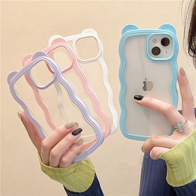 （cold noodles）หูหมีแมวน่ารักใสกันกระแทกกันชนเคสโทรศัพท์สำหรับ iPhone 11 12 13 Pro Max X XR XS Clear Soft Candy Color Wave Case
