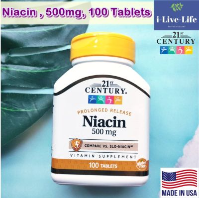 วิตามินบี 3 ไนอะซิน Niacin 500mg 100 Tablets แบบ Prolonged Release - 21st Century #B3 B-3