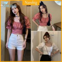 NAREBIG เสื้อเอวลอย แขนพอง สลิมฟิต สีพื้น เซ็กซี่ สำหรับผู้หญิง