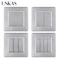 UNKAS Grey Stainless Steel Panel 1 2 3 4 Gang 1 / 2 Way Wall Light On / Off Switch Luxury Gray Interruptor AC 110~250V 86MM*86MM Power Points  Switche