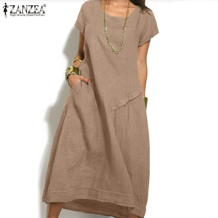 สินค้ามาใหม่-จัดส่งฟรี-fancystyle-zanzea-ชุดซันเดรสคลุมเข่ากระเป๋าด้านข้างวินเทจลำลองคอกลมชุดเดรสเรียบง่ายแขนสั้นสตรี-15