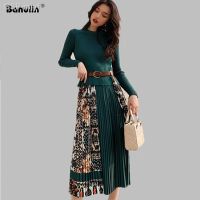 Banulin 2021 Nova Primavera Outono Elegante Malha Retalhos Plissado Midi Vestido Feminino แมนกาลองกา Retro Runway Impressão Vestidos Chiques