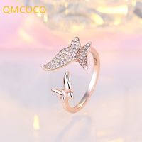 QMCOCO Korean Silver Color Elegant Zircon Ring Creative Double Butterfly Personality Woman Engagement Sweet Romantic Rings