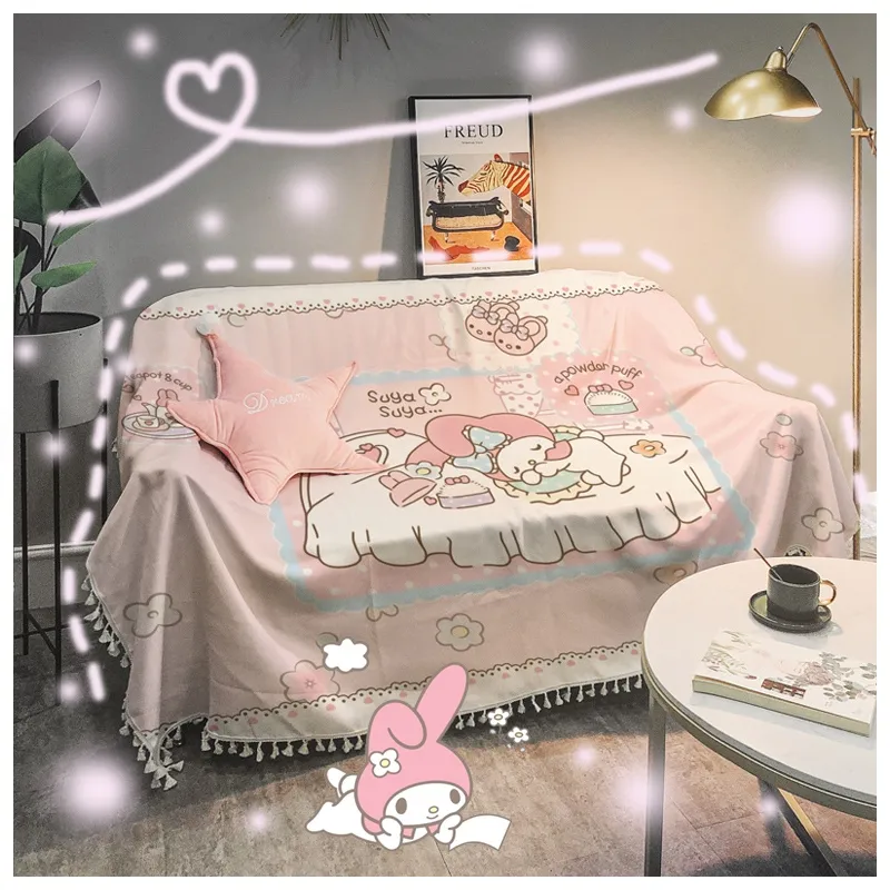 ELEGANT] PINK Sanrioed Kawaii Cartoon Print Fringed Sofa Blanket My Melody  Cinnamoroll Kuromi Purin Dog Anime Dustproof Sofa Cover Cute | Lazada PH