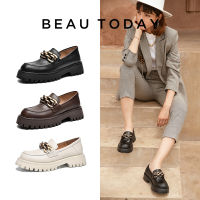 BeauToday-ของแท้ Vaca Sapatos De Plataforma De Couro Para เป็น Mulheres,Mocassins ก้อน,Dedo Do Pé Redondo, Corrente De โลหะใบบน,Senhoras แฟลต,Artes,27748