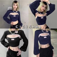 Cici(85083)SET 2ชิ้นเสื้อแขนยาวคลุมไหล่+สายเดี่ยว มินิเดรสคอกว้างลายทาง แต่งกระเป๋าหน้าใส่สบาย สไตล์เกาหลีน่ารัก