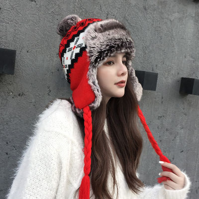 Cold Winter Bomber Hat For Women Winter Warm Fur Ski Faux Fur Knit Patchwork Beanie with Earflap For Christmas Outdoor