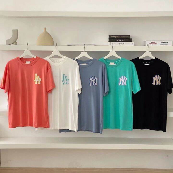 mlb-เสื้อยืด-logo-ny-t-shirt-oversize-เสื้อกีฬาแขนสั้นคู่รักแฟชั่นลำลอง