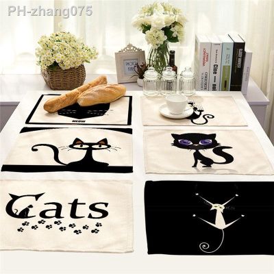 42x32cm Cute Black Cat Pattern Kitchen Placemat Dining Table Mats Drink Coasters Western Pad Cotton Linen Cup Mat Home Decor