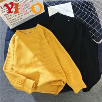 YICO 【ขนาดอยู่ในรูปที่ 4!】พร้อมส่ง เสื้อแขนยาวผู้หญิง สไตล์เกาหลี Oversized ไหล่ตก ผ้าคอตต้อน