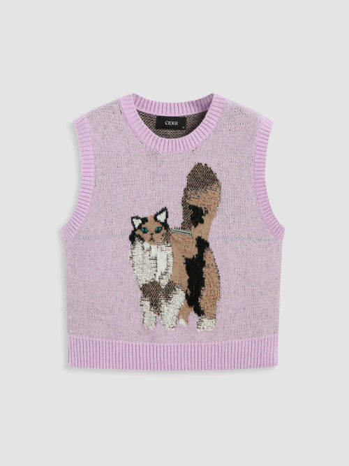 Cider Cat Pattern Knitted Vest เสื้อไหมพรมแขนกุดผู้หญิง เสื้อสเวตเตอร์