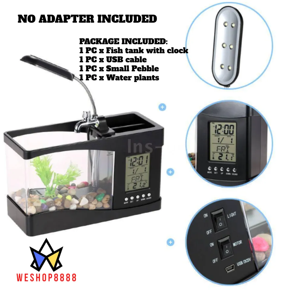 Mini Fish Tank Temp Aquarium Pebbles USB Desktop LCD Timer Clock LED Lamp  Light