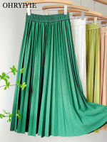 OHRYIYIE Spring Summer Elegant Midi Long Pleated Skirt Women 2022 High Waist Skirt Female Blue Green All-match Skirt Jupe Longue