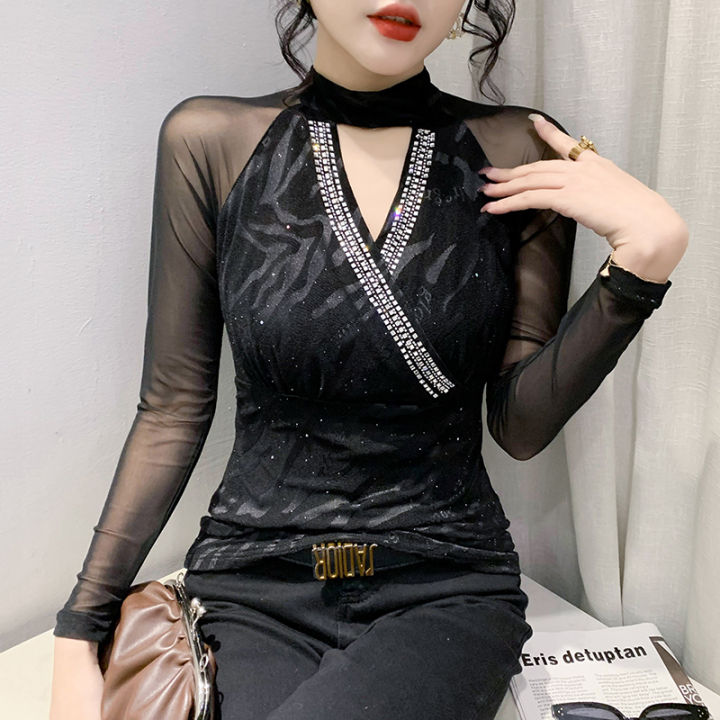 yimei-sexy-hollow-out-hot-diamond-t-shirt-long-sleeved-2023-spring-new-large-womens-mesh-top-elastic-slim-shirt-top