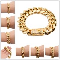 81012141618MM Popular 316L Stainless Steel Gold Tone Mimal Cuban Curb Link Chain Men Women Rhinestone Bracelet Bangle 7-11"