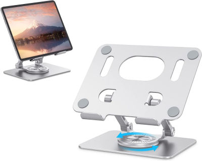 JOIOT Tablet Stand, Swivel Tablet Stand with 360 Rotating Base, Adjustable Tablet Holder for Drawing, Compatible with iPad Pro/Air/Mini and More, Silver
