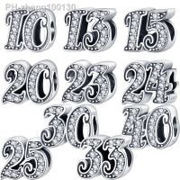 925 Solid Silver Clear Zircon Number 10 15 25 30 40th Anniversary Shiny Beads Fit Original Pandora Charms Bracelets Fine Jewelry