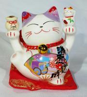 Maneki Neko แมวกวัก แมวนำโชค สูง4นิ้ว ถือถุงเงินทอง และชูลูกแมวน้อย -เซรามิค [35315]