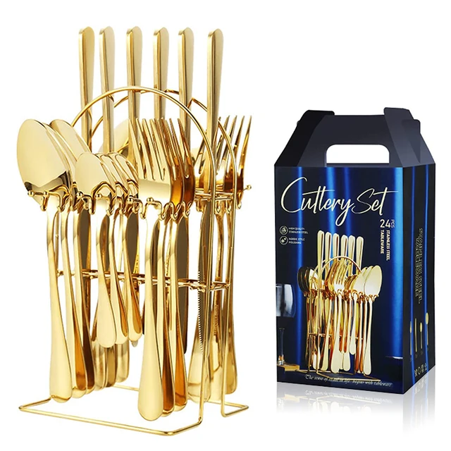 24 Pcs Stainless Steel Serving Hanging Cutlery Gold Flatware Set With