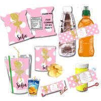 【LZ】♦☍  Decoração Do Chuveiro Do Bebê Adesivos Menina Bailarina Bolinhas Rosa Garrafa De Água De Aniversário Etiquetas De Vinho Capri Sun Chips Candy Bag Personalizar