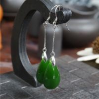 Natural Hotan Jade jasper spinach green water drop earrings sterling silver long line womens ear hook jewelry crafts UJT0