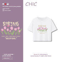 เสื้อสั้นหลวม CHIC เสื้อยืดแขนสั้นพิมพ์ลายดอกน่ารัก T0380