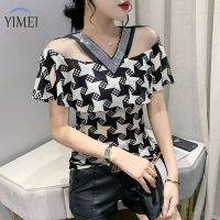 YIMEI เสื้อผู้หญิงไซส์ใหญ่2023หน้าร้อนใหม่ประดับเพชรเซ็กซี่คอวีเสื้อเป็นชั้นระบายแฟชั่นของผู้หญิงแขนสั้นพิมพ์ลายเสื้อยืดผ้าตาข่าย