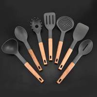 7PCS Set Wood Nylon Kitchen Utensil Set Nonstick Utensils Cooking Tools Kitchenware Supplies Spoon Soup Ladle Spatula Turner